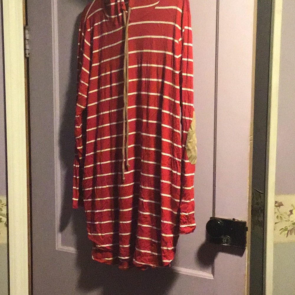 Red and White Striped Hooded Top with Suede Elbow